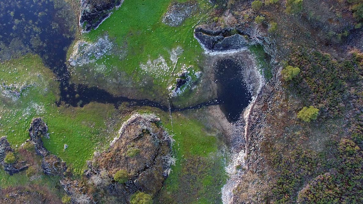 Drone image of Tae Rak channel and holding pond at Budj Bim Cultural Landscape.